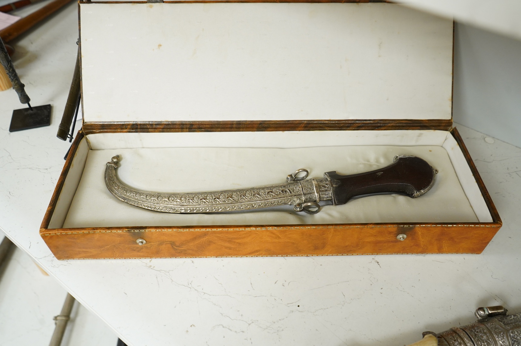 A cased Moroccan hallmarked silver mounted hardwood handled dagger jambya, overall length 42cm